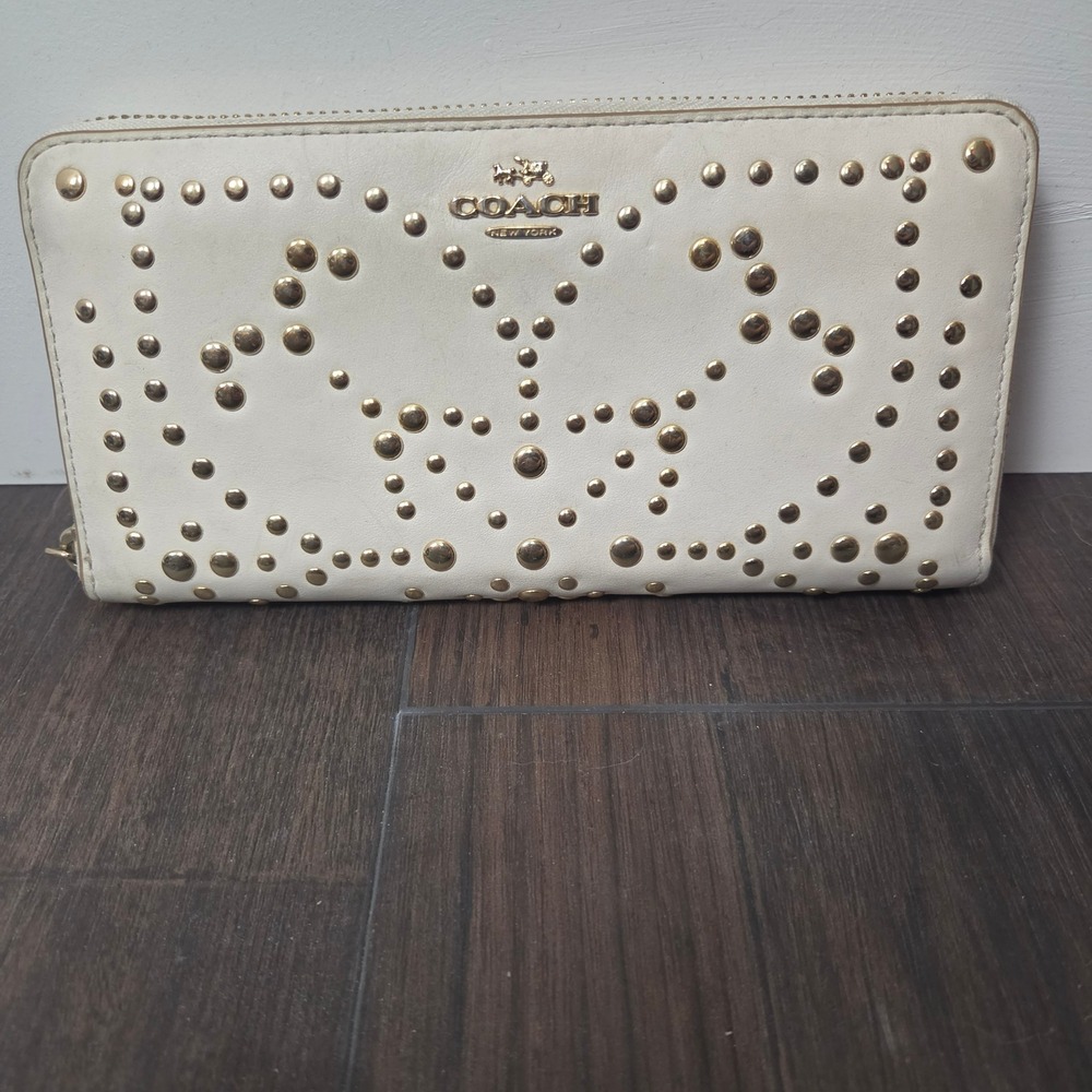 Coach Accordion Zip Wallet Womens White Gold Butterfly Studded Leather Good